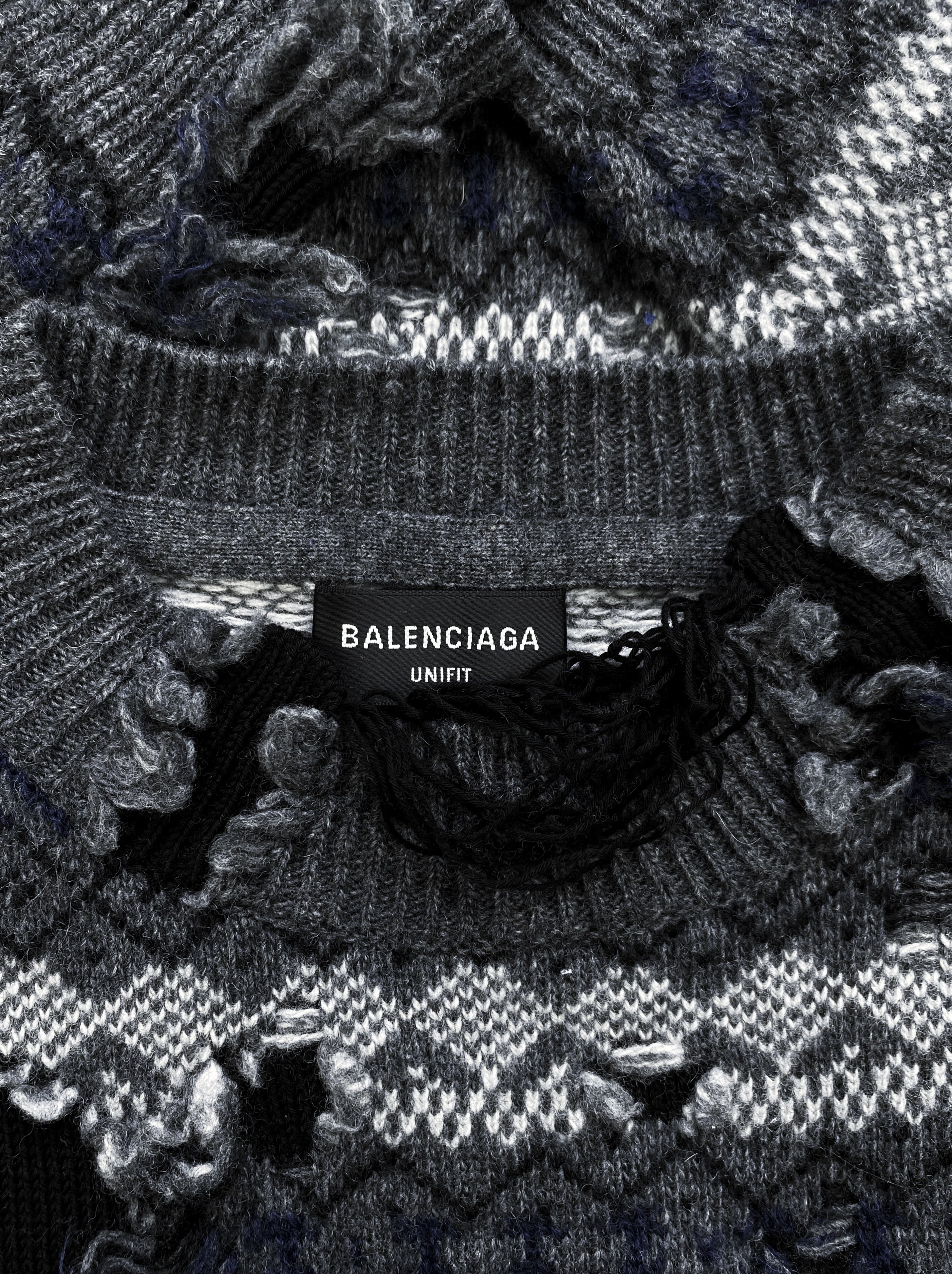 AW21 Balenciaga Fair Isle Destroyed Knitted UN Logo Sweater